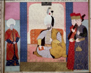 तुर्क साम्राज्य: "" सुल्तान मुराद III (1546-1595) दरबारियों को घेरता है""" "जुबदत अल तवारीख" से लघु" (सुश्री 1973, फोल। 59 बी) सैय्यद लोकमान आशुरी द्वारा 1583 इस्तांबुल, तुर्की-इस्लामी कला संग्रहालय द्वारा ओटोमन स्कूल