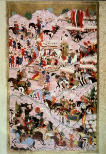 तुर्क साम्राज्य: "" सुल्तान सोलिमन (सुलेमान) मैंने कहा कि 29/08/1526 को हंगरी के साम्राज्य की सेना के खिलाफ मोहाक की लड़ाई में शानदार, राजा लुई द्वितीय की कमान """ लोकमैन द्वारा "हुनरनाम" से लघु, खंड 1 (एच 1523, एफ.256बी) द्वारा ओटोमन स्कूल