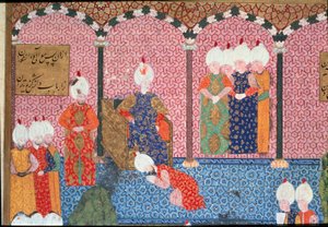 सुलेमान (सुलेमान) I द मैग्निफिकेंट (1494-1566) का पोर्ट्रेट, सुल्तान ओटोमन सिंहासन विस्तार के परिग्रहण के समारोह में अपने दरबार को घेरता है। अरिफी (एमएस एच.1517) 1558 द्वारा 'सुलेमाननाम' से लिया गया लघुचित्र। टोपकापी सराय इस्तांबुल द्वारा ओटोमन स्कूल