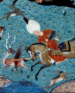 सुल्तान मुराद द्वितीय (मूरत) के दरबारियों का प्रतिनिधित्व (1404-1451) हिरण और खरगोश के शिकार का विवरण। 17वीं सदी का लघुचित्र। इस्तांबुल, टोपकापी सराय संग्रहालय पुस्तकालय द्वारा ओटोमन स्कूल