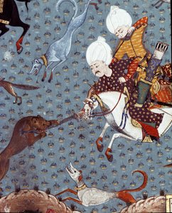 फॉन डिटेल का शिकार करने वाले सुल्तान मुराद II (मूरत) (1404-1451) के दरबारियों का प्रतिनिधित्व। 17वीं सदी का लघुचित्र। इस्तांबुल, टोपकापी सराय संग्रहालय पुस्तकालय द्वारा ओटोमन स्कूल