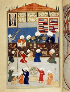 विज्ञान और इस्लाम: "" 1577 में इस्तांबुल में मुराद III के तहत निर्मित अरब वैज्ञानिक तकी अल-दीन (ताकी अल दीन या तकीउद्दीन) (1526-1585) की खगोलीय वेधशाला का विवरण, खगोलविद उपकरणों के साथ काम करते हैं"" पांडुलिपि लघु एमएस . वित्तीय वर्ष 14 द्वारा ओटोमन स्कूल