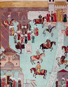 17वीं सदी के कॉन्स्टेंटिनोपल मिनिएचर में सेंट आइरीन (सेंट आइरीन), सेरेल के गेट और सुल्तानों के महल के चर्च का दृश्य। टोपकापी सराय इस्तांबुल द्वारा ओटोमन स्कूल