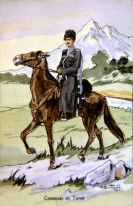 टेरेक कोसैक को दर्शाने वाला पोस्टकार्ड, c.1914 (कलर लिथो) द्वारा पी। (बाद में) दिमित्रॉफ