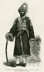 जंग बहादुर (1816-1877), नेपाल के प्रधान मंत्री। एडौर्ड चार्टन (1807-1890), हैचेट, पेरिस द्वारा निर्देशित ले टूर डू मोंडे 1886 में डॉ. गुस्ताव ले बॉन (1841-1931) द्वारा कहानी वॉयेज औ नेपाल की कहानी को चित्रित करने के लिए पी. सेलियर द्वारा उत्कीर्णन। द्वारा पी। (बाद में) सैनिक