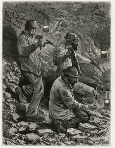 नस में कोयला निकालते खनिक। केमिली लेमोनियर (1844-1913) बेल्जियम के लेखक द्वारा "" बेल्जियम "" कहानी को चित्रित करने के लिए फेरात द्वारा उत्कीर्णन। ले टूर डू मोंडे में प्रकाशित, नोव्यू जर्नल डेस वॉयेज, दूसरा सेमेस्टर 1884, एडौर्ड चार्टन  द्वारा पी। फरात