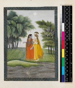 &39;भागवत पुराण&39;, कांगड़ा, हिमाचल प्रदेश, c.1820 से कपड़ों की अदला-बदली करके चांदनी में जुमना से चलते हुए कृष्ण और राधा
