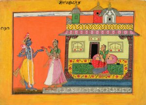 राधा के घर पर कृष्ण का आगमन, भानुदत्त की रासमंजरी की पांडुलिपि, बशोली शैली, सी .1660-70