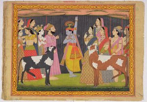 Krishna lifting Mount Govardhana, from the Bhagavata purana, Kulu, Himachal Pradesh, 1749