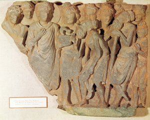 सर्प पर विजय, राहत देने वाले बुद्ध को चित्रित ब्राहमण, ग्रीको-बौद्ध शैली, प्रथम-चौथी शताब्दी में भयभीत सर्प को प्रस्तुत करना