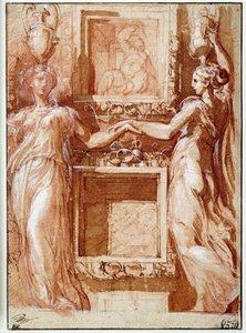 Girolamo फ्रांसेस्को मारिया Mazzola dit Parmigianino या Le Parmesan द्वारा स्याही, धोने, रक्त और सफेद फ्लैप में आरेखण के दोनों किनारों पर अपना हाथ देने वाले दो कैनफ़ोर