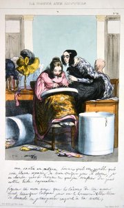 एक टोपी बनाने वाले व्यवसाय में कार्यकर्ता एक पत्र लिख रहा है, c.1840 (कलर लिथो)