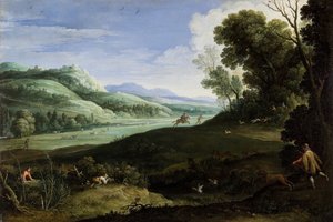 हंटर्स के साथ लैंडस्केप, 1619।