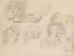 एक बच्चे के सिर का अध्ययन, एक महिला का सिर, एक चम्मच और एक लंबी घड़ी, c1872 द्वारा पॉल सेज़ेन