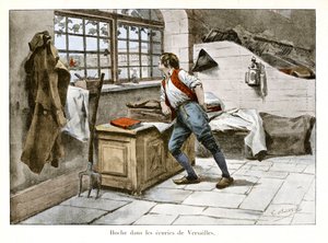 वर्साय के अस्तबल में खड़खड़ाहट: लज़ारे होचे (1768-1797) ने 14 साल की उम्र में शाही अस्तबल में अलौकिक सहायक के रूप में प्रवेश किया - एमिल बाउटिग्नी द्वारा चित्रण (1853-1929) थियोडोर काहू (1854-1928) द्वारा "होचे-मार्सो-डेसैक्स" में ) - निजि संग्रह द्वारा पॉल एमिल बुटिग्नी