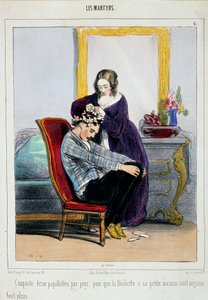 एक माँ अपने बेटे पर कर्लर लगाती है। पॉल गवर्नी द्वारा कार्टून (1804-1866) 19वीं सदी के पेरिस, सजावटी कला द्वारा पॉल गवरानी