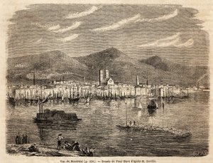 1854-1855 में एल. डेविल द्वारा उत्तरी अमेरिका की यात्राओं का वर्णन करने के लिए पॉल ह्यूएट (1803-1869) द्वारा चित्रित मॉन्ट्रियल का दृश्य। "" ले टूर डू मोंडे "" 1861 में उत्कीर्णन। सेल्वा का संग्रह।