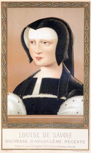 लुईस डी सावोई (1476-1531), डचेस ऑफ अंगौलेमे और फ्रांस के रीजेंट का पोर्ट्रेट। पॉल लैक्रोइक्स द्वारा "लुई XII और ऐनी डी ब्रेटेन" से क्रोमोलिथोग्राफी, एड। जॉर्जेस हर्ट्रेल