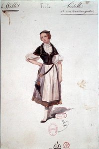 एडोल्फ एडम (1803-56) 1841 (कागज पर पानी के रंग) द्वारा इसी नाम के बैले के लिए 'गिजेल' के लिए पोशाक डिजाइन