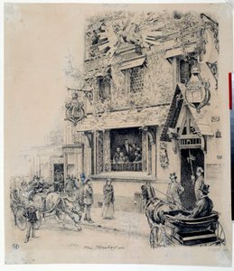 कैबरे डू चैट नोयर के प्रवेश द्वार का दृश्य। पॉल मेरवार्ट (1855-1902) द्वारा 19वीं सदी के पेरिस, मुसी कार्नावाले द्वारा स्याही चित्र