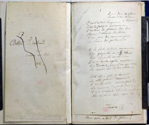 1873 में आर्थर रिंबाउड के प्रति समर्पण के साथ &39;रोमांस सेन्स पैरोल&39; के हस्तलिखित पृष्ठ