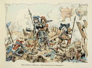 पॉल डी सेमेंट (1855-1915) द्वारा सचित्र थियोडोर काहू द्वारा "हिस्टोइरे डू शेवेलियर बायर्ड" पुस्तक से लिया गया चित्रण: बायर्ड एक ब्रेशिया को लैंसक्वेनेट 1512 द्वारा समर्थित घाव देता है द्वारा पॉल डे सीमांत