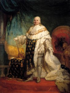 कोर कॉस्ट्यूम में लुई XVIII (1755-1824) का पूर्ण-लंबाई वाला चित्र जीन बैप्टिस्ट पॉलिन-गुएरिन (पॉलिन गुएरिन) (1783-1855) 1824 सन द्वारा पेंटिंग। 2.69 x 2.04 मीटर - राज्याभिषेक वस्त्र में लुई XVIII (1755-1824) का पूर्ण-लंबाई वाला चित्र। पॉलिन गुएरिन द्वारा प
