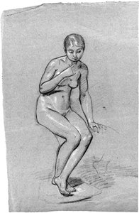 नीचे बैठा एक महिला नग्न, (कागज पर चाक)