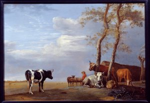 किसान और जानवरों के साथ लैंडस्केप। पॉल पॉटर द्वारा पेंटिंग (1625-1654) ई.सी. होल। द्वारा पॉल पॉटर