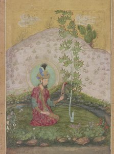 स्वर्गीय शाहजहाँ एल्बम से सी लैंडस्केप में बैठा हुमायूँ का विस्तार, c.1650 (wc, स्याही और कागज पर सोना)