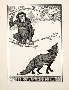 एप एंड द फॉक्स, ए हंड्रेड फेबल्स ऑफ ईसप से, pub.1903 (उत्कीर्णन) द्वारा पर्सी जे बिलिंग्सहर्स्ट