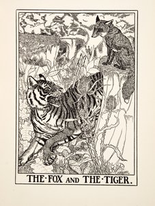 फॉक्स एंड द टाइगर, ए हंड्रेड फेबल्स ऑफ ईसप से, pub.1903 (उत्कीर्णन) द्वारा पर्सी जे बिलिंग्सहर्स्ट