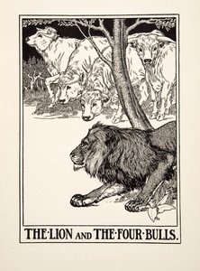 द लायन एंड द फोर बुल, ए हंड्रेड फेबल्स ऑफ ईसप से, pub.1903 (उत्कीर्णन) द्वारा पर्सी जे बिलिंग्सहर्स्ट