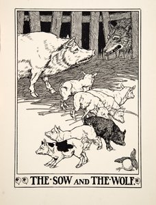 द सॉ एंड द वुल्फ, ए हंड्रेड फेबल्स ऑफ ईसप से, pub.1903 (उत्कीर्णन) द्वारा पर्सी जे बिलिंग्सहर्स्ट