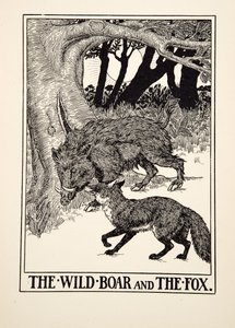 जंगली सूअर और लोमड़ी, ईसप की एक सौ दंतकथाओं से, pub.1903 (उत्कीर्णन)