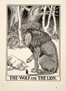 द वुल्फ एंड द लायन, ए हंड्रेड फेबल्स ऑफ ईसप से, pub.1903 (उत्कीर्णन) द्वारा पर्सी जे बिलिंग्सहर्स्ट