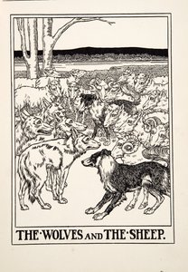 भेड़ियों और भेड़, ईसप के एक सौ दंतकथाओं से, pub.1903 (उत्कीर्णन) द्वारा पर्सी जे बिलिंग्सहर्स्ट