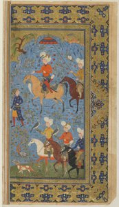 फिरदौसी द्वारा शाहनामा (राजाओं की पुस्तक) से एक रॉयल हंट, c.1590-1600 (स्याही, अपारदर्शी जल रंग और कागज पर सोना) द्वारा फारसी स्कूल