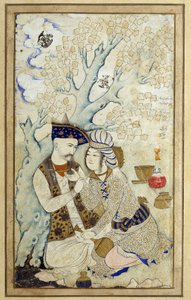 कला इस्लाम: शाह अब्बास का चित्र I उनके एक पृष्ठ को गले लगाते हुए। १६७२ की फारसी ड्राइंग। मंद: ०,१६ x ०,२७ मी। पेरिस, मुसी डू लौवरे द्वारा फारसी स्कूल