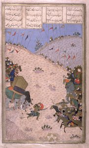 बहराम चुबीना, उनका हाथी मारे, पैर पर लड़ाई, शाहनामा (किंग्स की पुस्तक) से चित्रण, अबुल-कासिम मनूर फिरदौसी द्वारा (c.934-c.1020) c.1440 (45 (कलम, स्याही और वेल्लम पर wc) द्वारा फारसी स्कूल