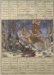 बहराम गुर ने द हॉर्नड वुल्फ से लड़ाई की, महान इलखनीद शाहनामा (किंग्स की पुस्तक) की पांडुलिपि से फोलियो का चित्रण द्वारा फारसी स्कूल