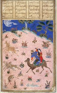 आजम के साथ बहराम गुरु शिकार, शाहुलना (किंग्स की पुस्तक), अबुल-कासिम मनूर फ़िरदावी द्वारा चित्रण (c.934-c.1020) c.1440-45 (मखमल पर कलम, स्याही और wc) द्वारा फारसी स्कूल