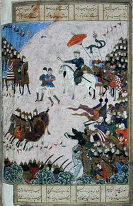 इसफंदियार और अर्जस्प के बीच लड़ाई, अबुल-कासिम मनूर फिरदौसी (c.934-c.1020) द्वारा 'शाहनामा' (राजाओं की पुस्तक) से चित्रण, c.1440-45 (वेलम पर कलम, स्याही और जल रंग) द्वारा फारसी स्कूल
