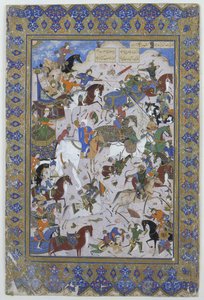 मूल रूप से निजामी द्वारा कविता लैला और मजनूं की ख़ुसरू और बहराम चौबाइना के बीच लड़ाई, 1540 (वेल्लम पर स्याही) द्वारा फारसी स्कूल