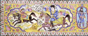 19 वीं शताब्दी के शिकार और युद्ध के दृश्यों को दर्शाते हुए, सेरुडा सेका टाइल्स के एक लंबे पैनल से पहला कार्टूच द्वारा फारसी स्कूल