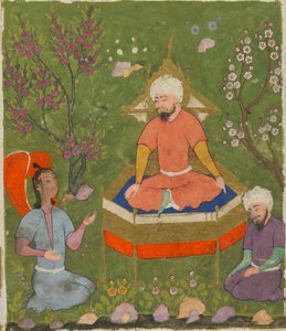 अल-क़ाज़िनी द्वारा अजायब अल-मखलुकत (निर्माण के आश्चर्य) से फोलियो; रेक्टो: हेलोएड फिगर एंब्रॉयडेड, क़ज़्विन, ईरान, सी .1590-1600 (अपारदर्शी जल रंग, कागज पर स्याही और सोना) द्वारा फारसी स्कूल