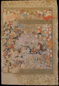 मिर्खवाँड द्वारा एक रावज़त अल-सफ़ा (उद्यानिकी का उद्यान) से फोलियो (d। 1498); रेक्टो: अलेप्पो, शिराज, ईरान, सेफविद अवधि, 1571-72 के लिए बीजान्टिन के खिलाफ लड़ाई (अपारदर्शी जल रंग, स्याही और सोना द्वारा फारसी स्कूल