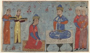 फिरदौसी द्वारा एक शाहनामा (किंग्स की पुस्तक) का फोलियो (d.1020); रेक्टो: सिंधुखट बिफोर सैम, ईरान (अपारदर्शी जल रंग, कागज पर स्याही और सोना) द्वारा फारसी स्कूल