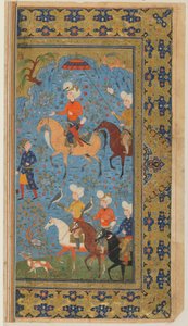 फिरदौसी द्वारा एक शाहनामा (किंग्स की पुस्तक) से फोलियो; एक रॉयल हंट, ईरान, c.1590-1600 (अपारदर्शी जल रंग, कागज पर स्याही और सोना) द्वारा फारसी स्कूल