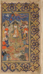 फिरदौसी द्वारा एक शाहनामा (राजाओं की पुस्तक) से फोलियो; श्लोक: सुलेमान ने उत्साहित, शिराज, फ़ार्स, ईरान, सफ़वीद काल, c.1590-1600 (अपारदर्शी जल रंग, स्याही और कागज पर सोना द्वारा फारसी स्कूल